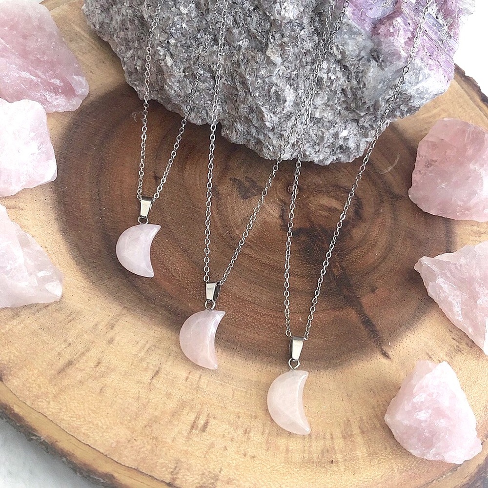 Natural Rose Quartz Crystal Moon Silver Necklace